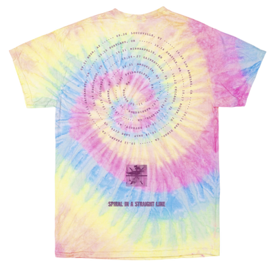 Touché Amoré's "2024 Tour Date Spiral" design, printed on the front and back of a Dyenomite tie dye tee.