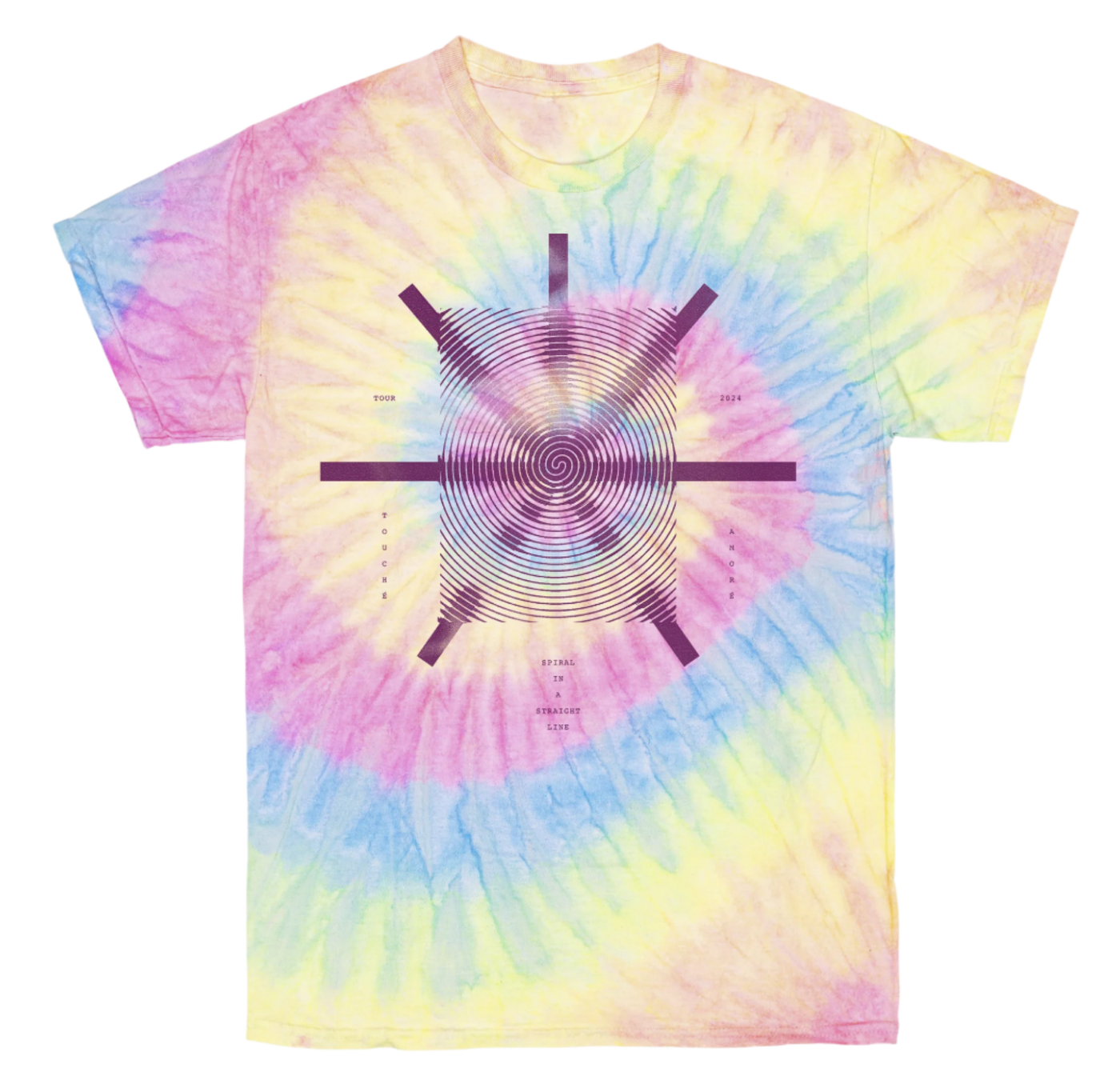 Touché Amoré's "2024 Tour Date Spiral" design, printed on the front and back of a Dyenomite tie dye tee.