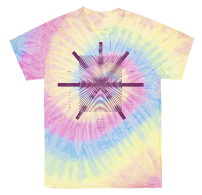 Touché Amoré's "2024 Tour Date Spiral" design, printed on the front and back of a Dyenomite tie dye tee.