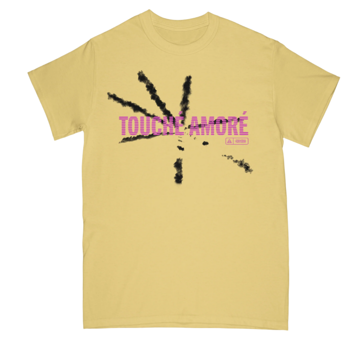 Touché Amoré's "Black Cloud" design, printed on the front of a butter yellow Comfort Colors tee.