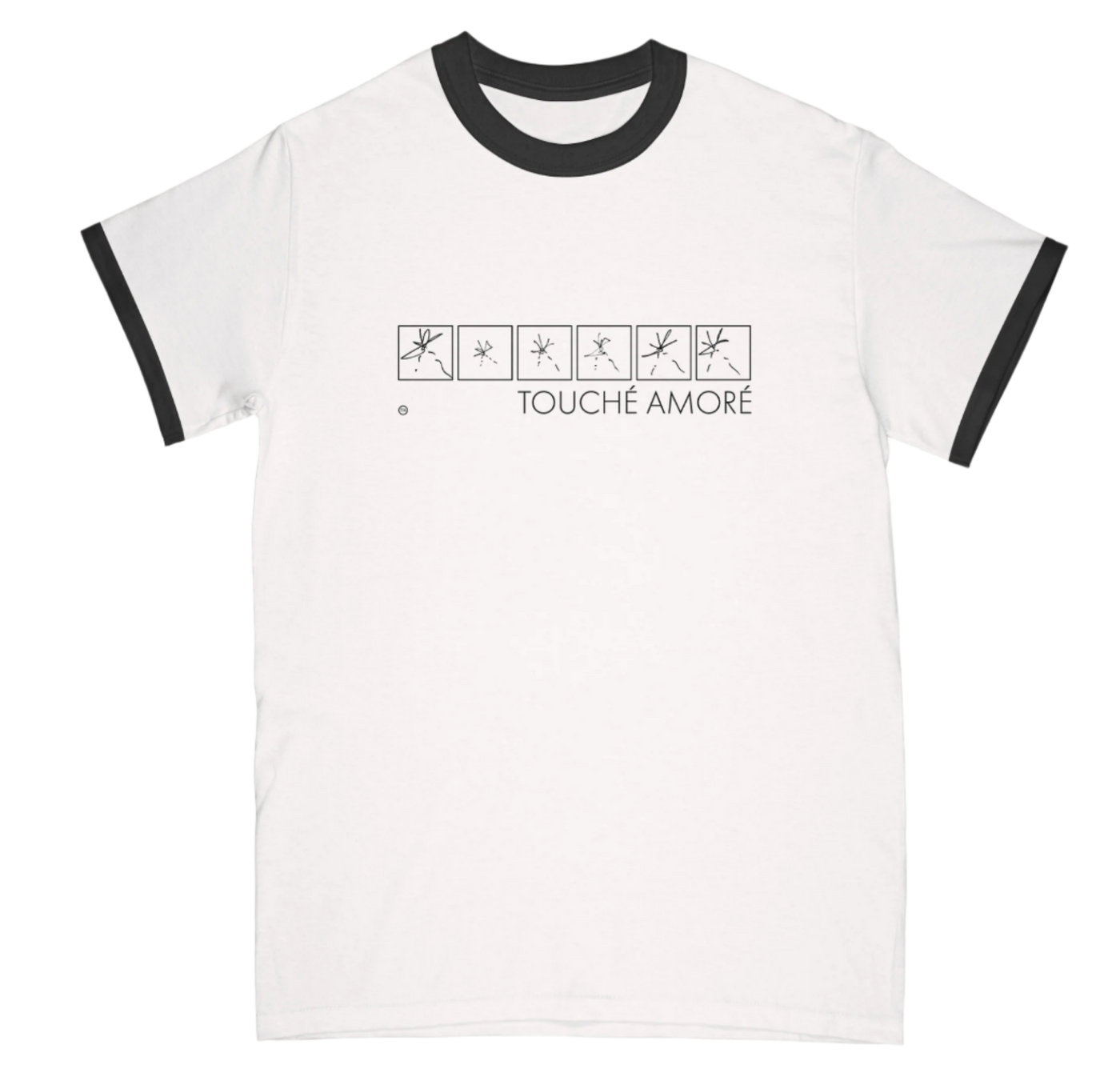 Touché Amoré's "Square Box Logo" design, printed on the front of a white and black Next Level ringer tee.