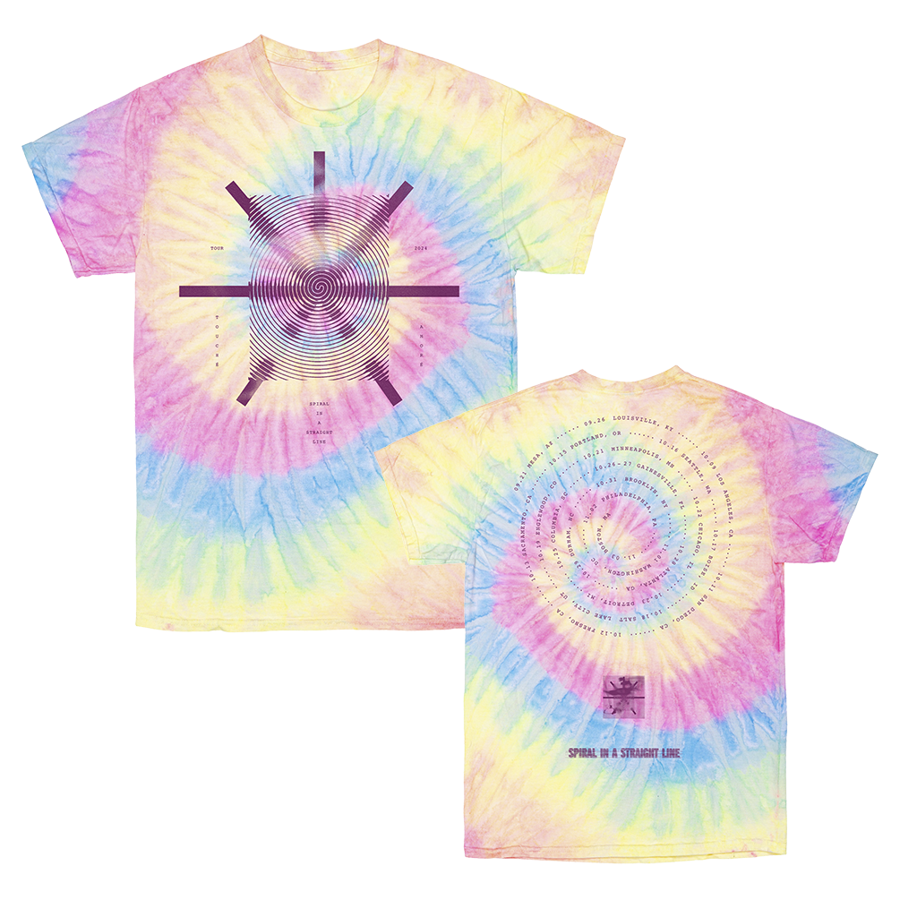 Touché Amoré's "2024 Tour Date Spiral" design, printed on the front and back of a Dyenomite tie dye tee.