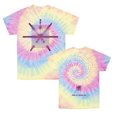 Touché Amoré's "2024 Tour Date Spiral" design, printed on the front and back of a Dyenomite tie dye tee.