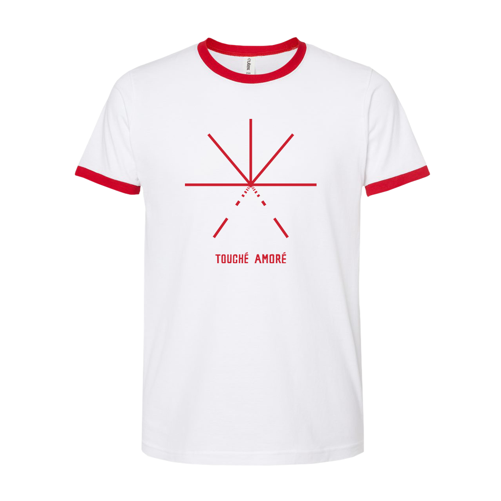 Touché Amoré's "PTSBBAM" design, printed on the front of a red and white unisex Tultex ringer tee.