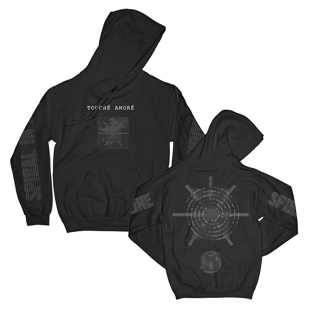 Touché Amoré's "2024 Tour Date" design, printed on the front, back and both sleeves of a Champion pull hood.