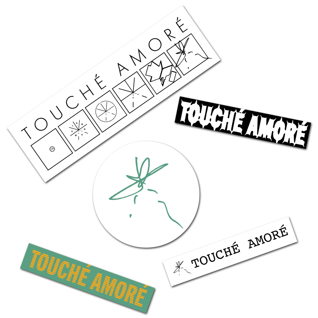 Touche Amore's sticker pack includes five different logo based stickers. Different sizes per design