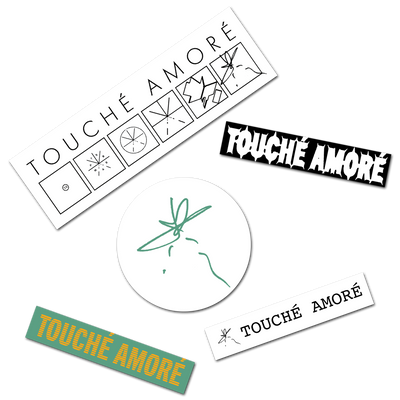 Touche Amore's sticker pack includes five different logo based stickers. Different sizes per design