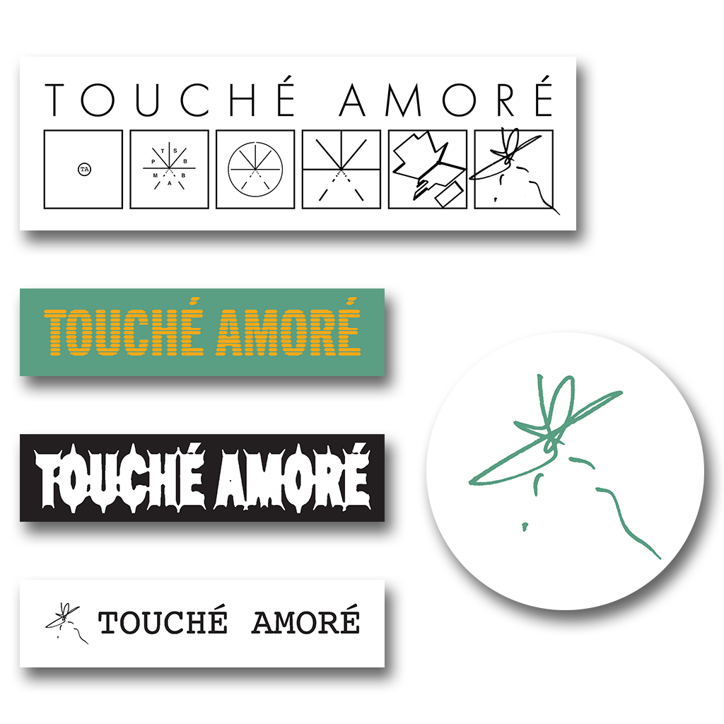 Touche Amore's sticker pack includes five different logo based stickers. Different sizes per design.