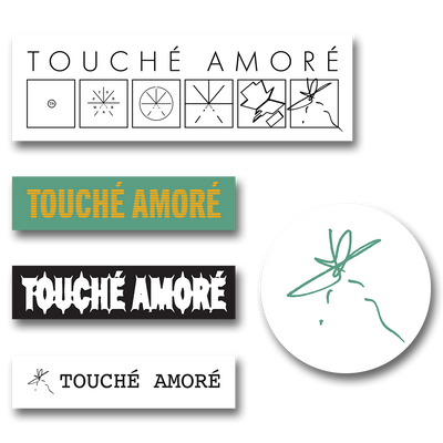 Touche Amore's sticker pack includes five different logo based stickers. Different sizes per design.