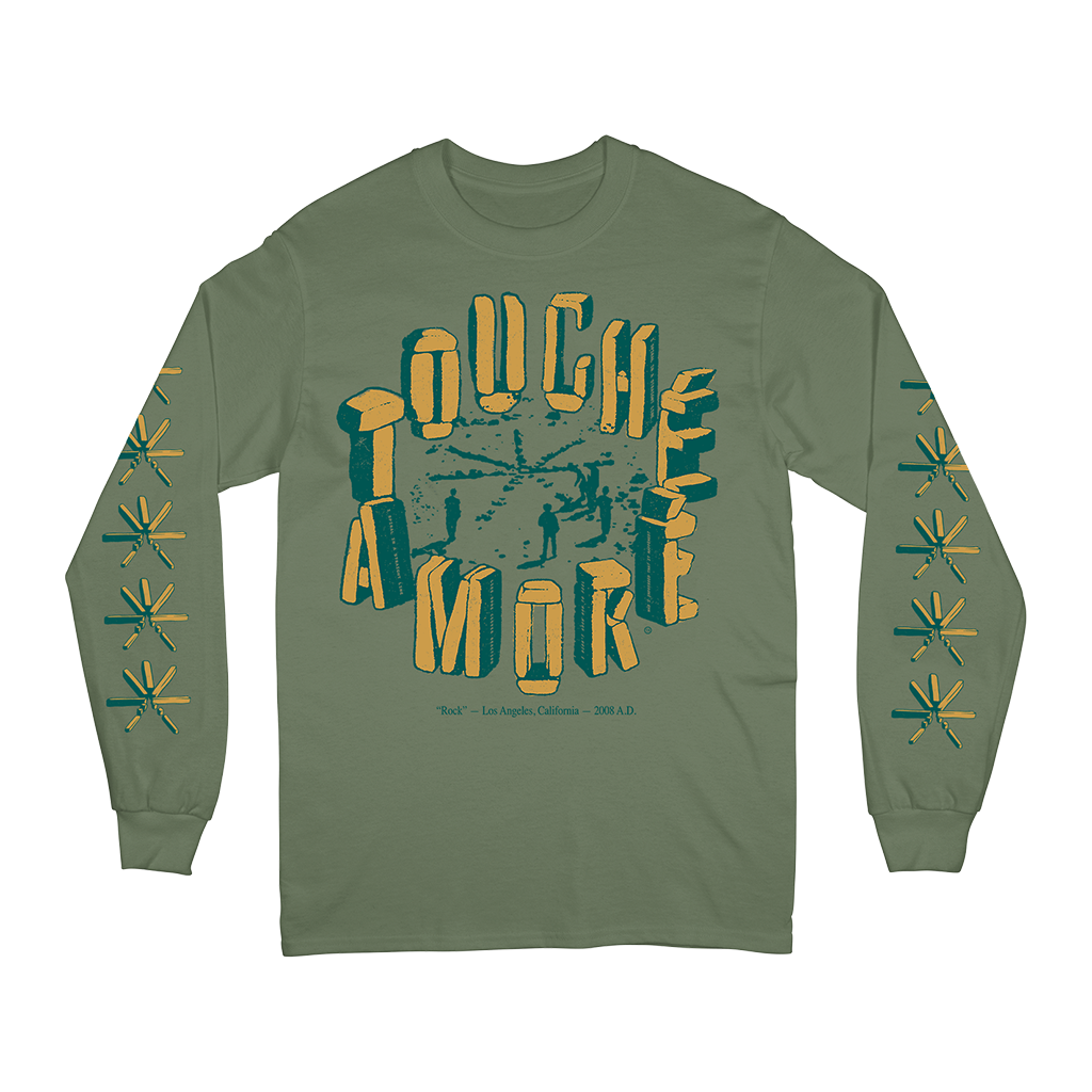 Touché Amoré's "Stonehenge" design, printed on the front and both sleeves of a military green Gildan longsleeve.